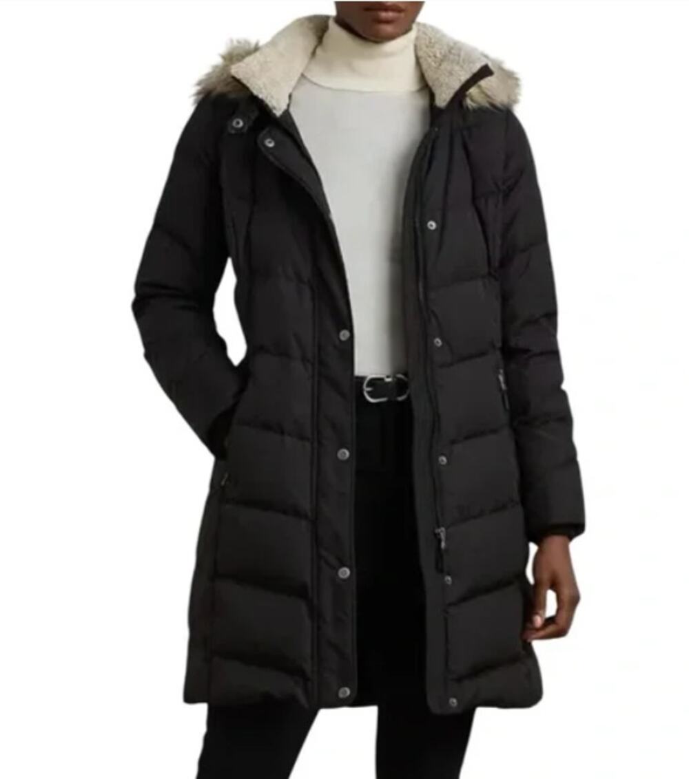 New ~ LAUREN RALPH LAUREN ~Faux Fur Trim Hooded Down Puffer Jacket Small Black